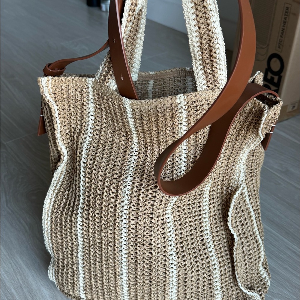 Zara Tan and Cream Woven Tote Bag